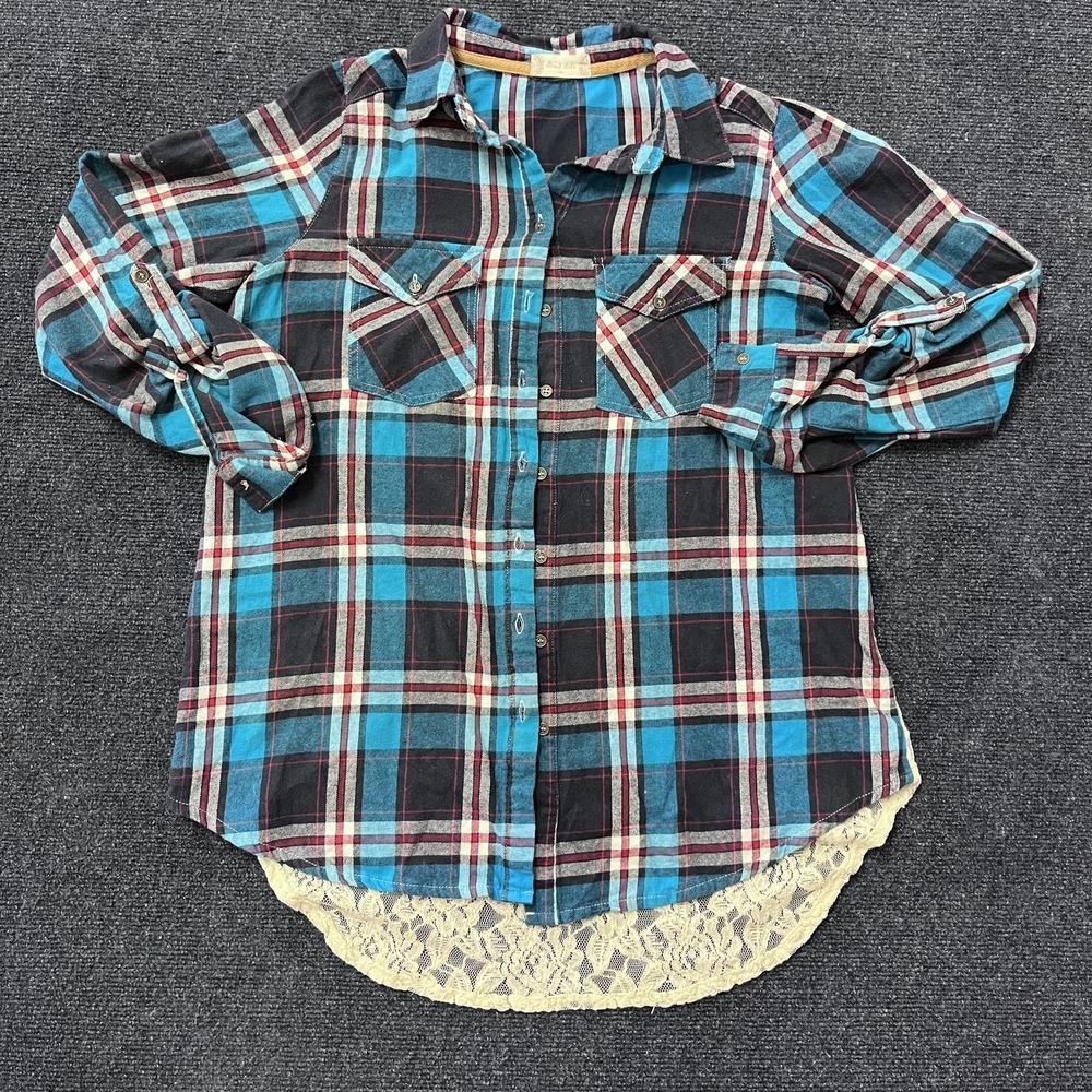 Altar'd State Shirt Womens Medium Blue Plaid Button Down Lace Back‎ High Low